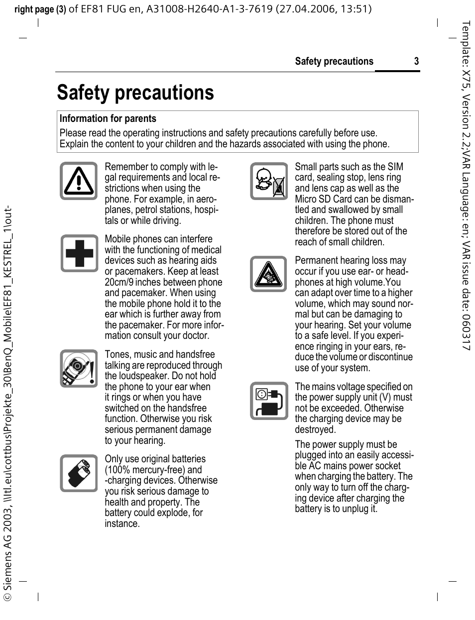 Safety precautions | BenQ-Siemens M81 User Manual | Page 4 / 155