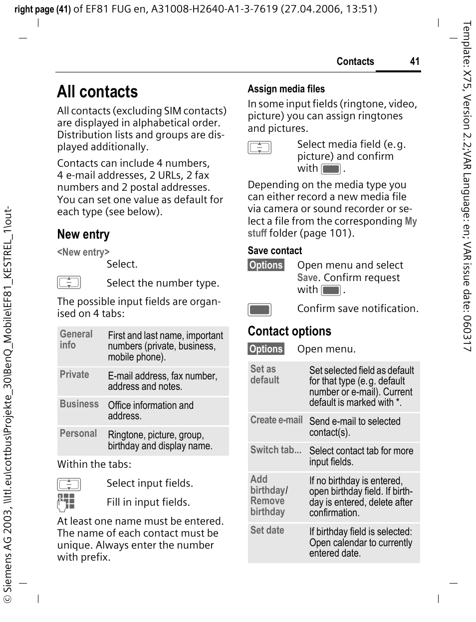 All contacts, New entry, Contact options | BenQ-Siemens M81 User Manual | Page 42 / 155