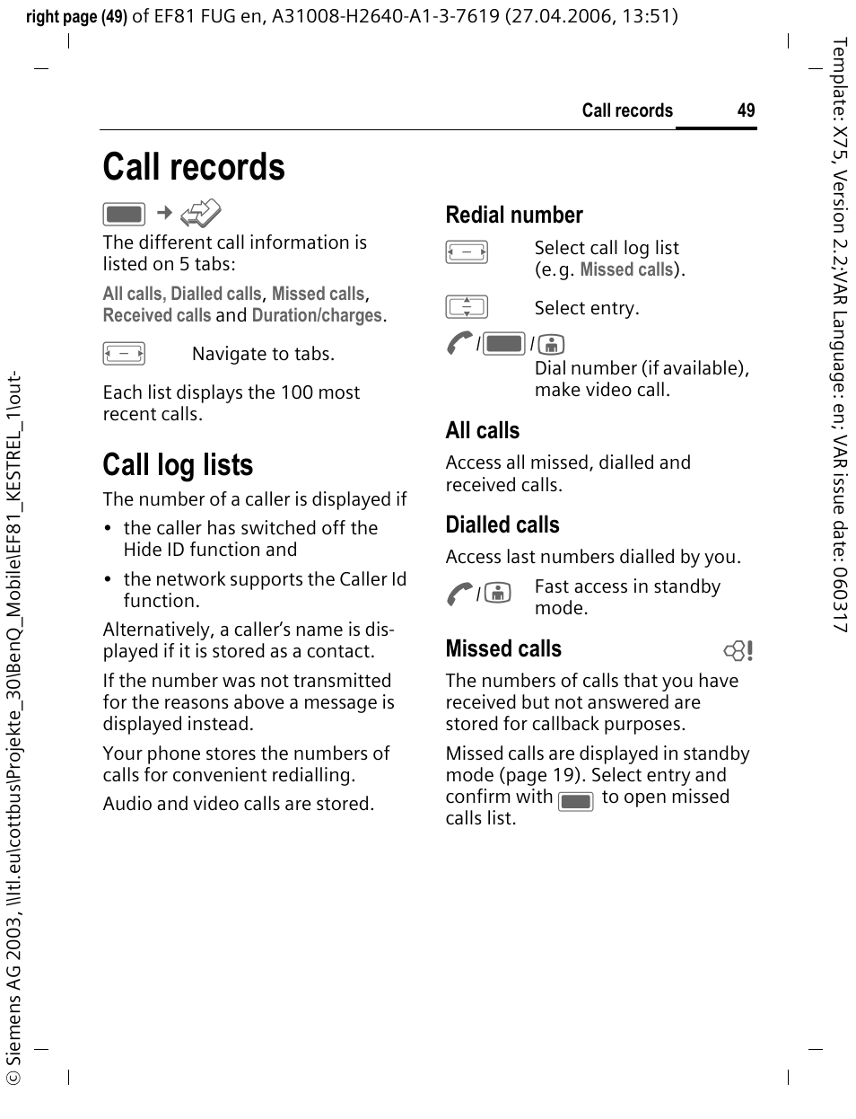 Call records, Call log lists | BenQ-Siemens M81 User Manual | Page 50 / 155