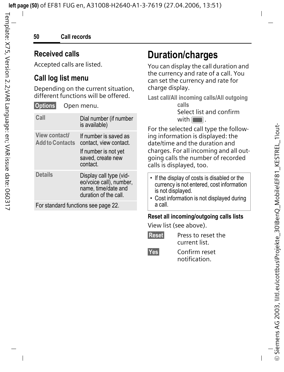 Duration/charges, Received calls, Call log list menu | BenQ-Siemens M81 User Manual | Page 51 / 155