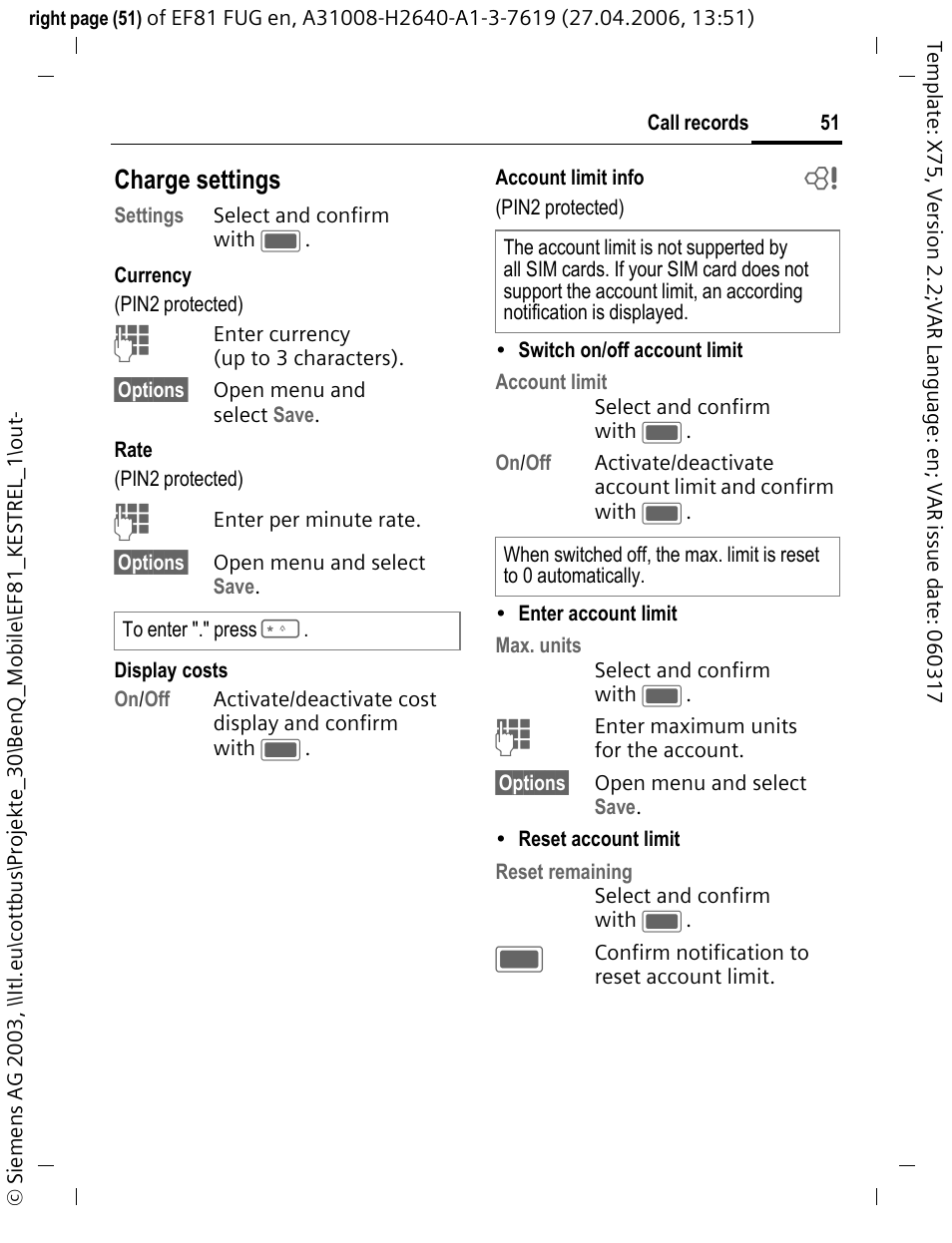 Charge settings | BenQ-Siemens M81 User Manual | Page 52 / 155