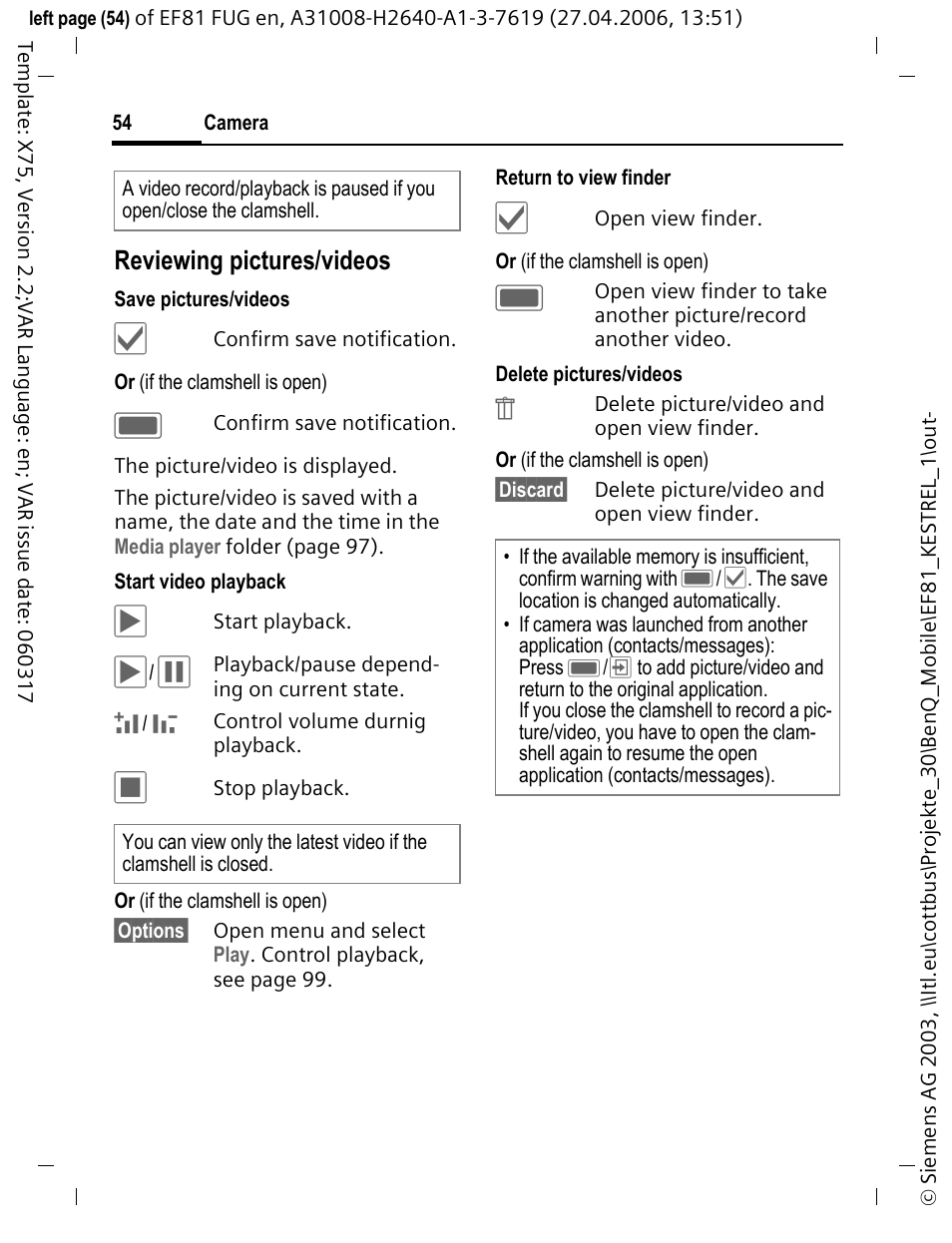 Reviewing pictures/videos | BenQ-Siemens M81 User Manual | Page 55 / 155