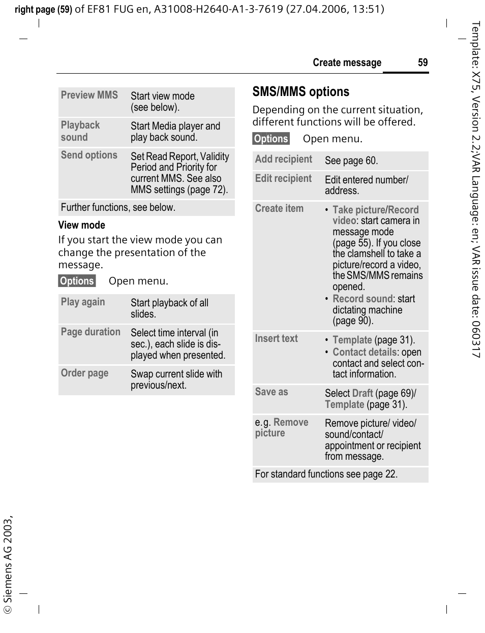 Sms/mms options | BenQ-Siemens M81 User Manual | Page 60 / 155