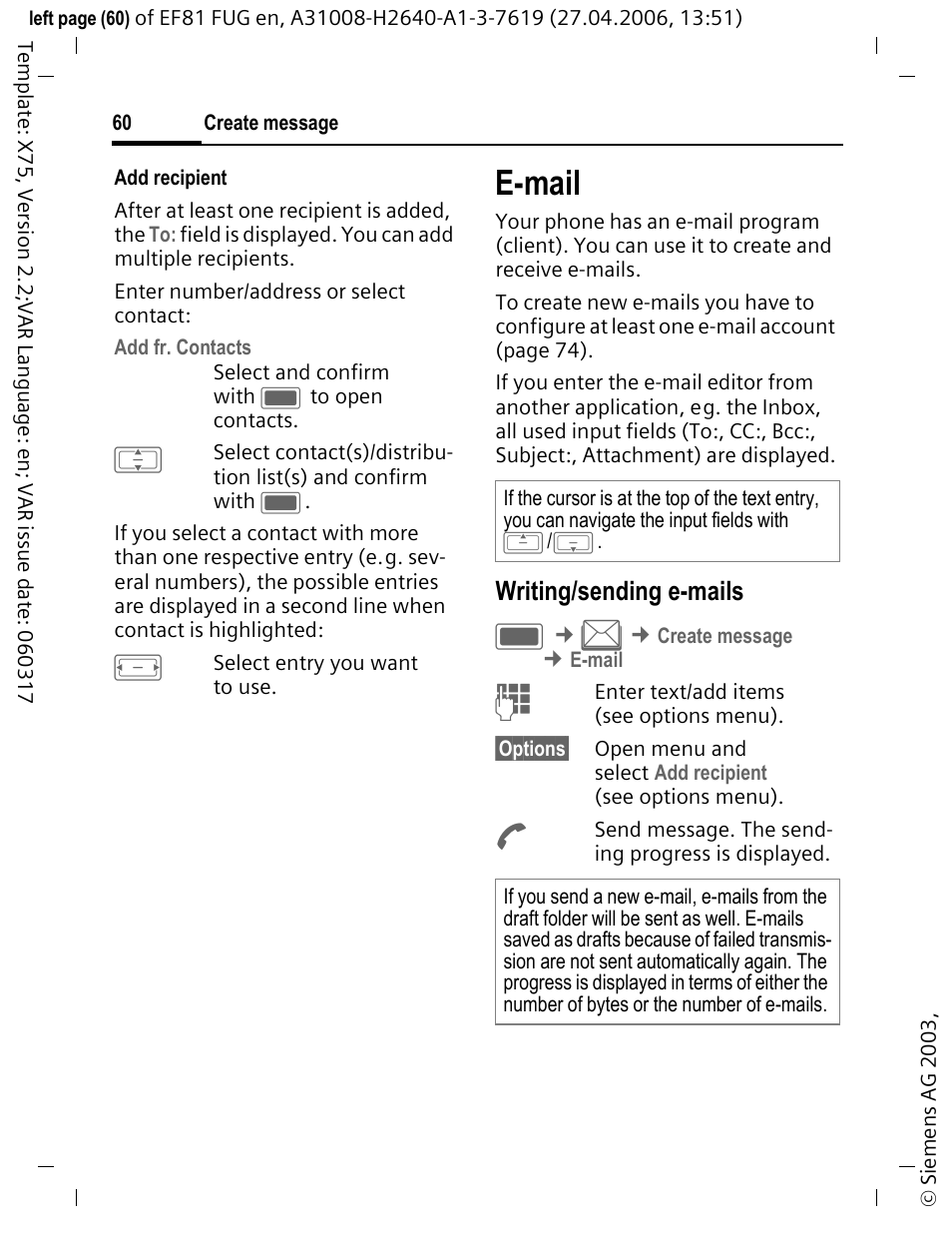E-mail, Writing/sending e-mails | BenQ-Siemens M81 User Manual | Page 61 / 155