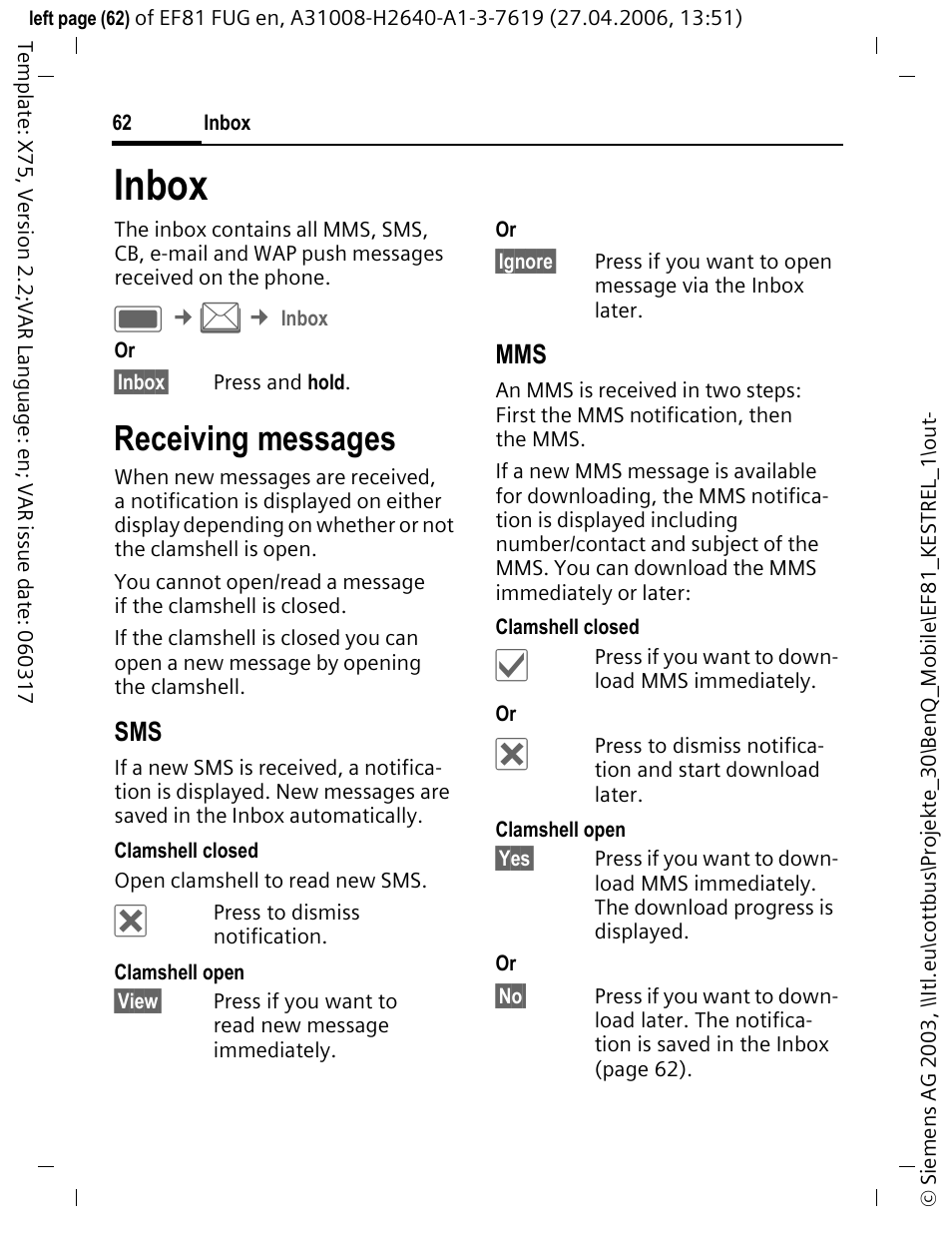 Inbox, Receiving messages | BenQ-Siemens M81 User Manual | Page 63 / 155