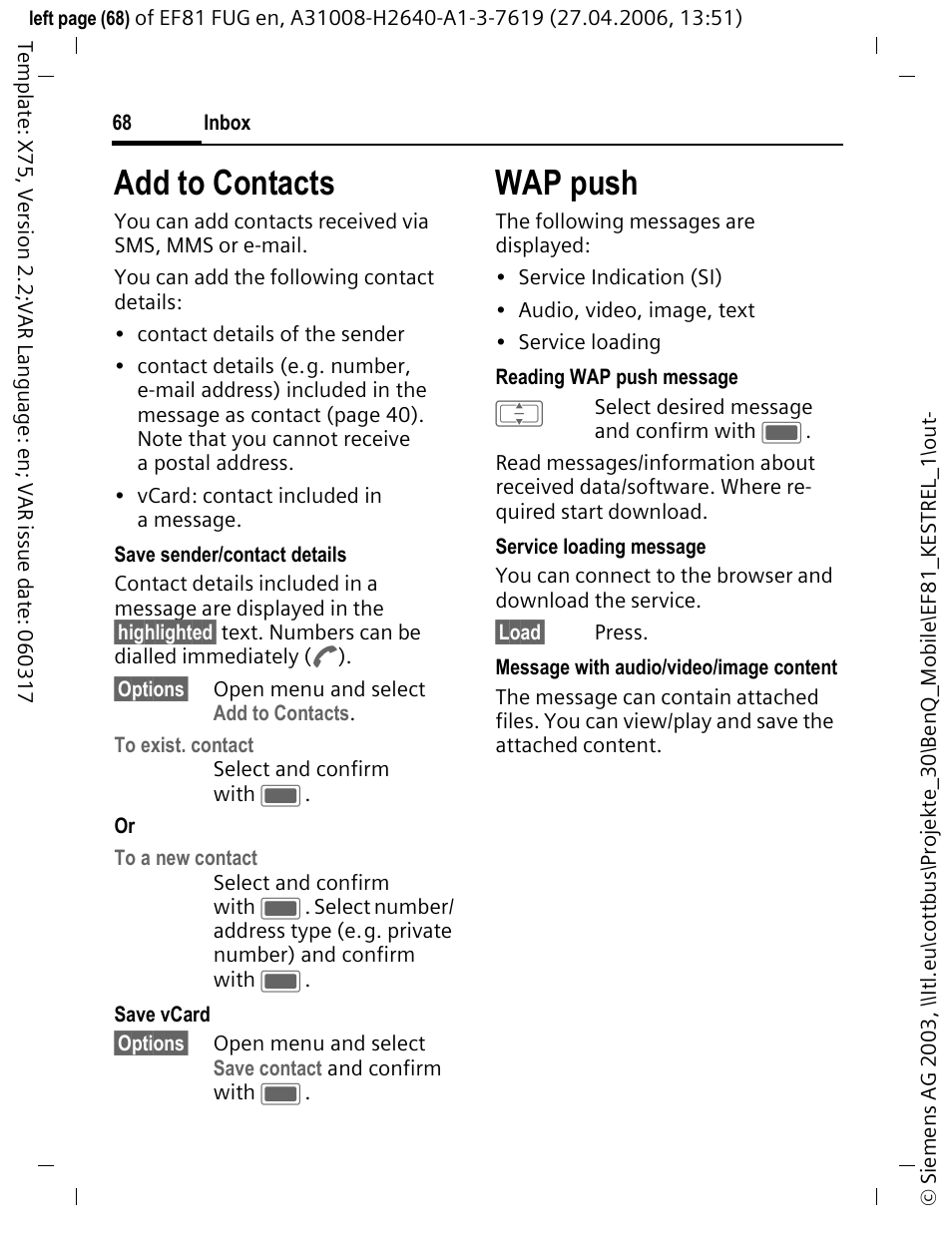 Add to contacts, Wap push | BenQ-Siemens M81 User Manual | Page 69 / 155