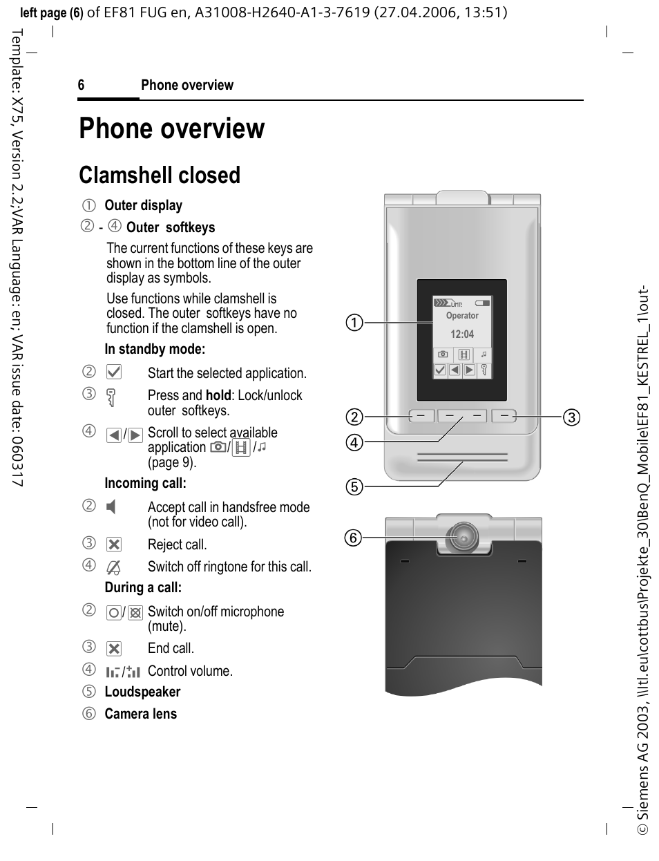 Phone overview, Clamshell closed | BenQ-Siemens M81 User Manual | Page 7 / 155