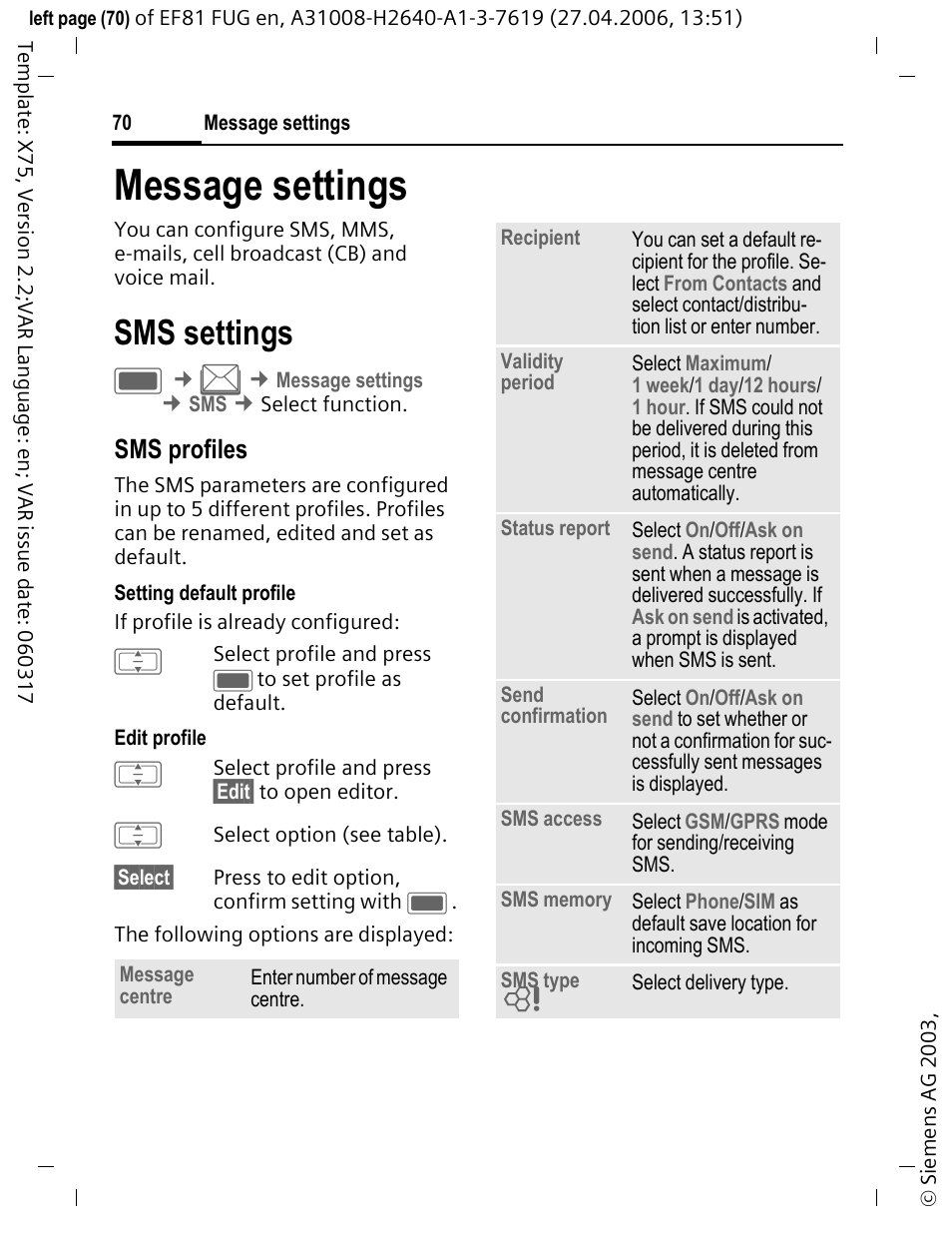 Message settings, Sms settings, Sms profiles | BenQ-Siemens M81 User Manual | Page 71 / 155