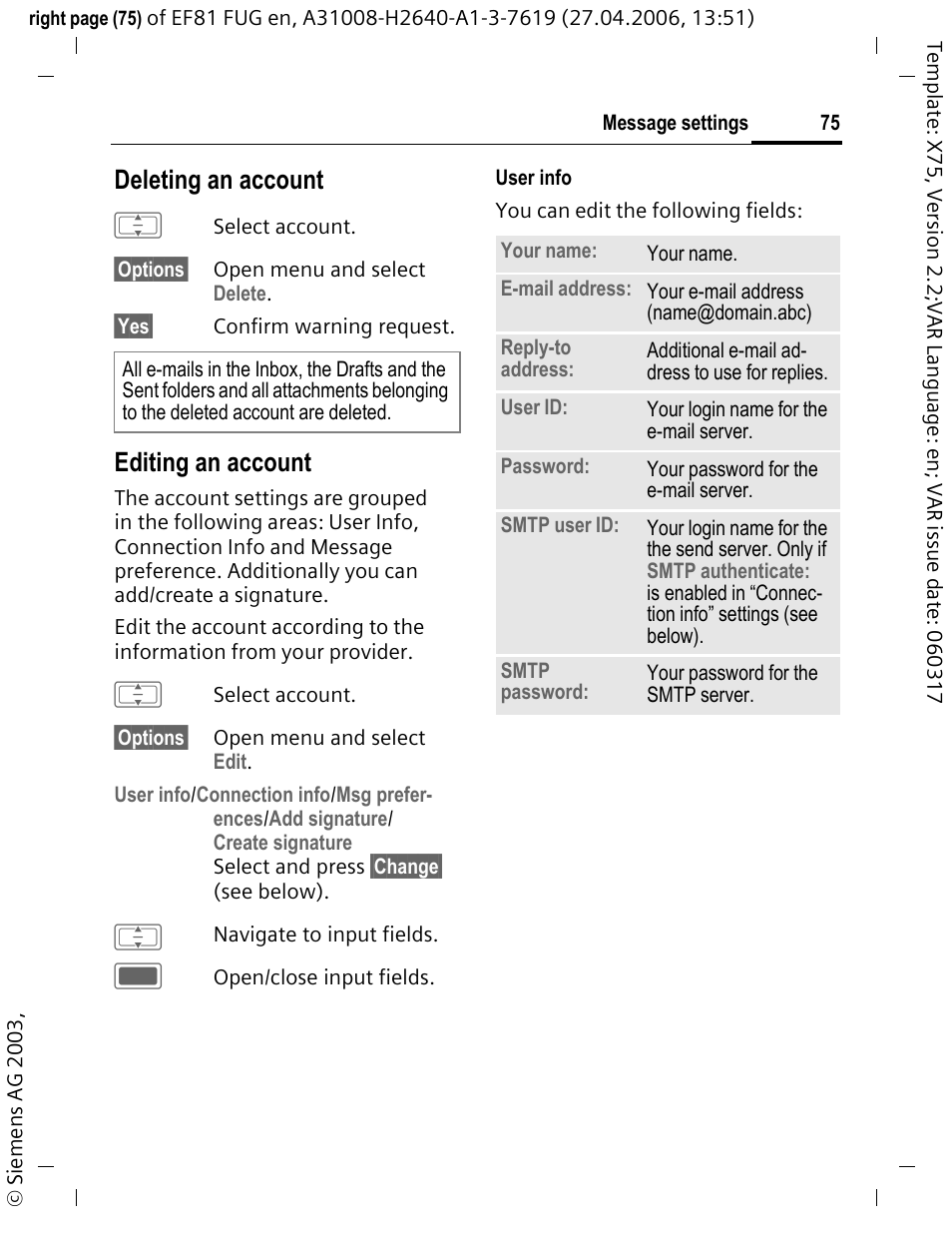 Deleting an account, Editing an account | BenQ-Siemens M81 User Manual | Page 76 / 155