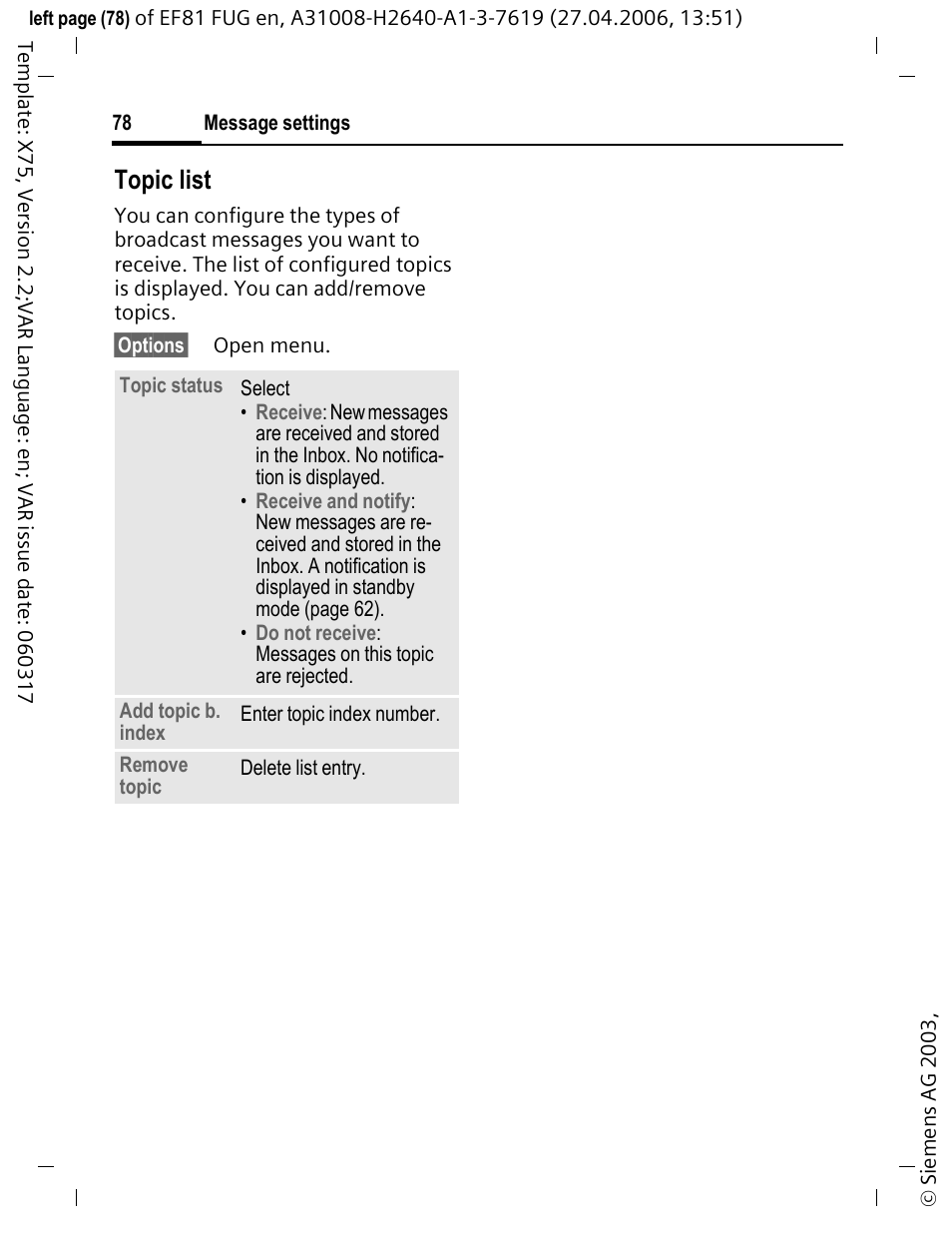 Topic list | BenQ-Siemens M81 User Manual | Page 79 / 155