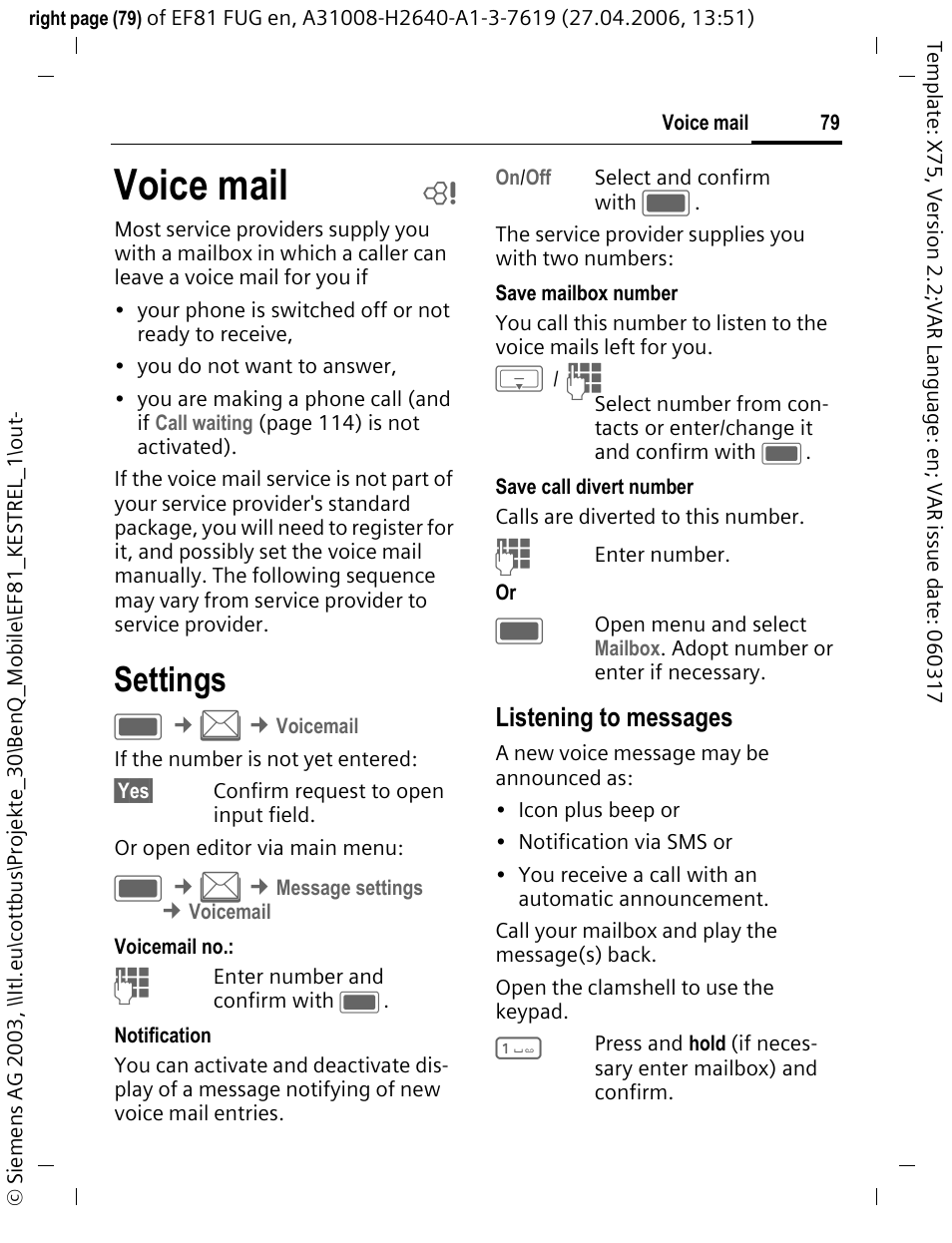 Voice mail b, Settings, Voice mail | BenQ-Siemens M81 User Manual | Page 80 / 155