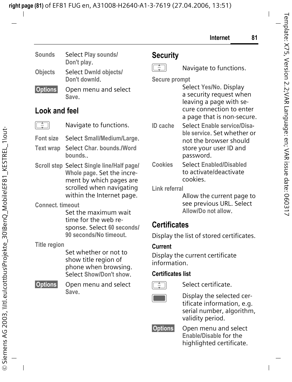 Look and feel, Security, Certificates | BenQ-Siemens M81 User Manual | Page 82 / 155