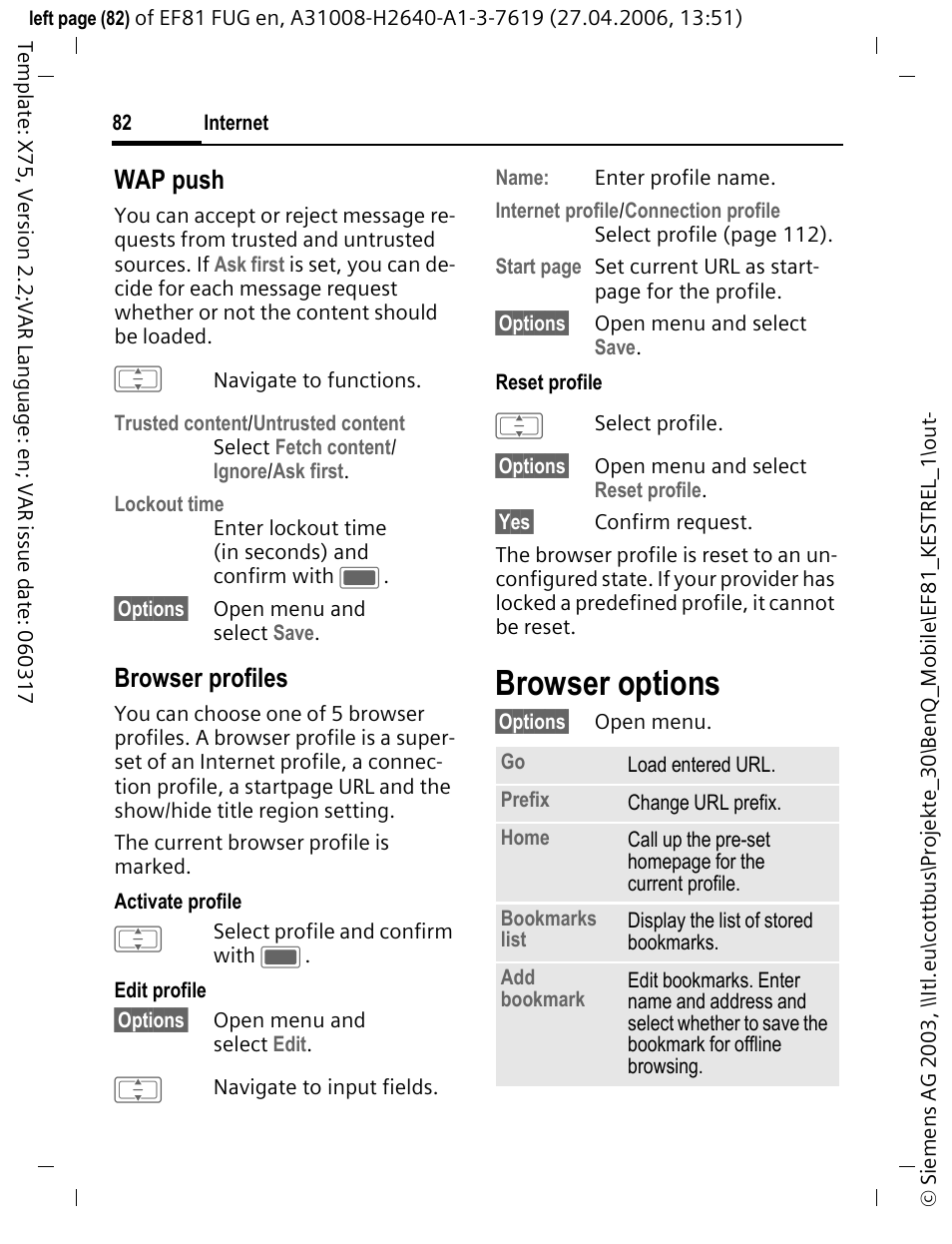 Browser options, Wap push, Browser profiles | BenQ-Siemens M81 User Manual | Page 83 / 155