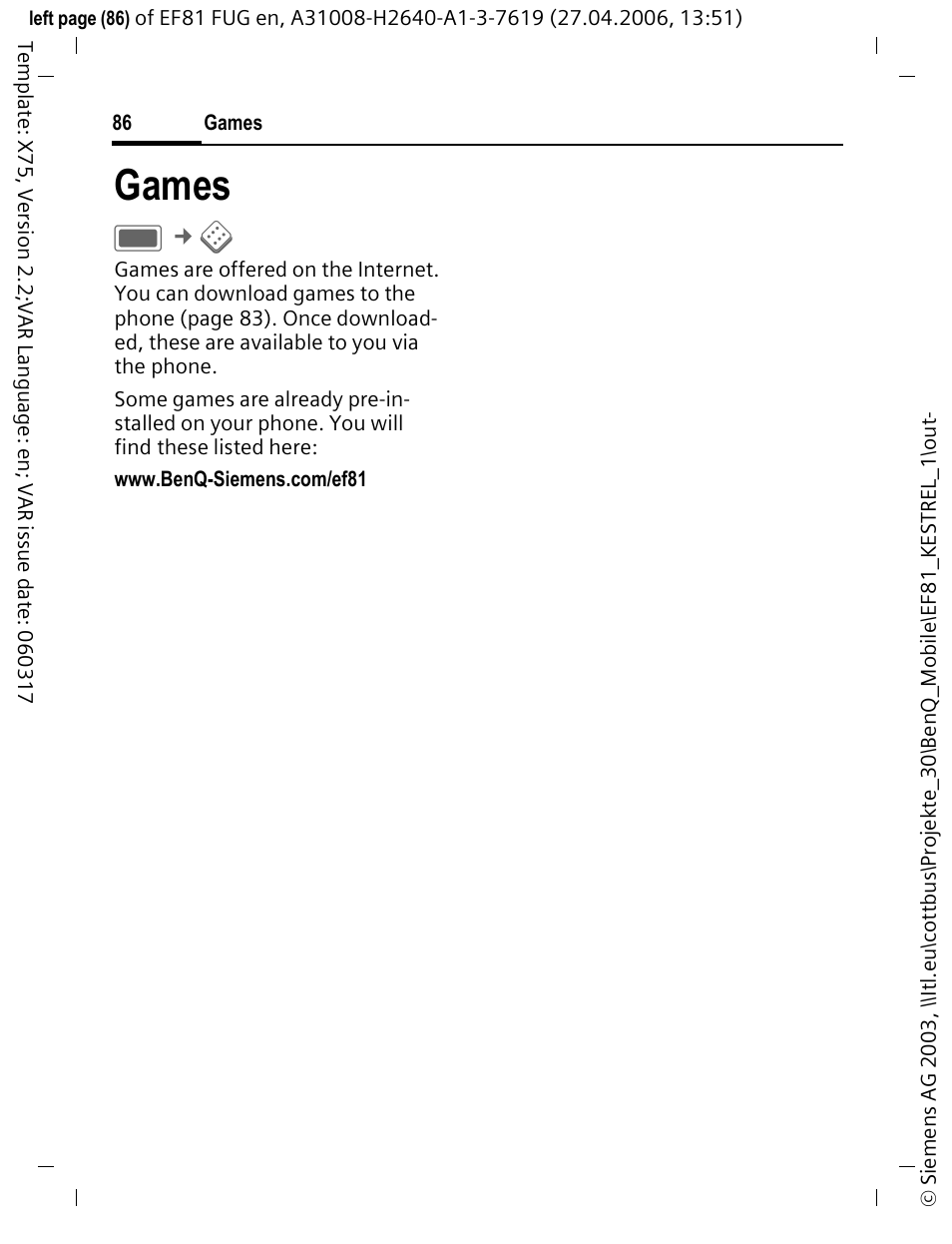 Games | BenQ-Siemens M81 User Manual | Page 87 / 155