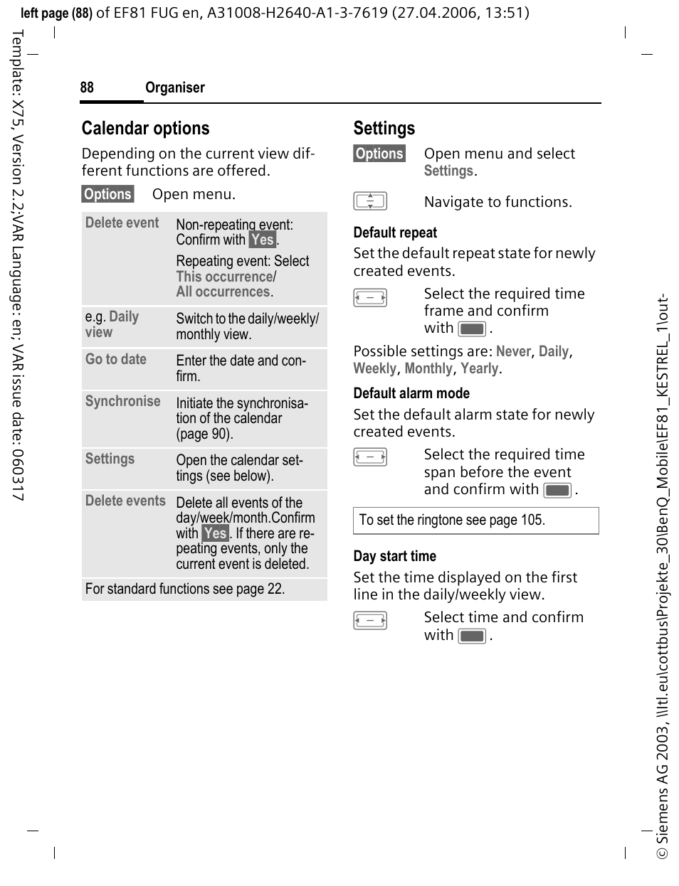 Calendar options, Settings | BenQ-Siemens M81 User Manual | Page 89 / 155