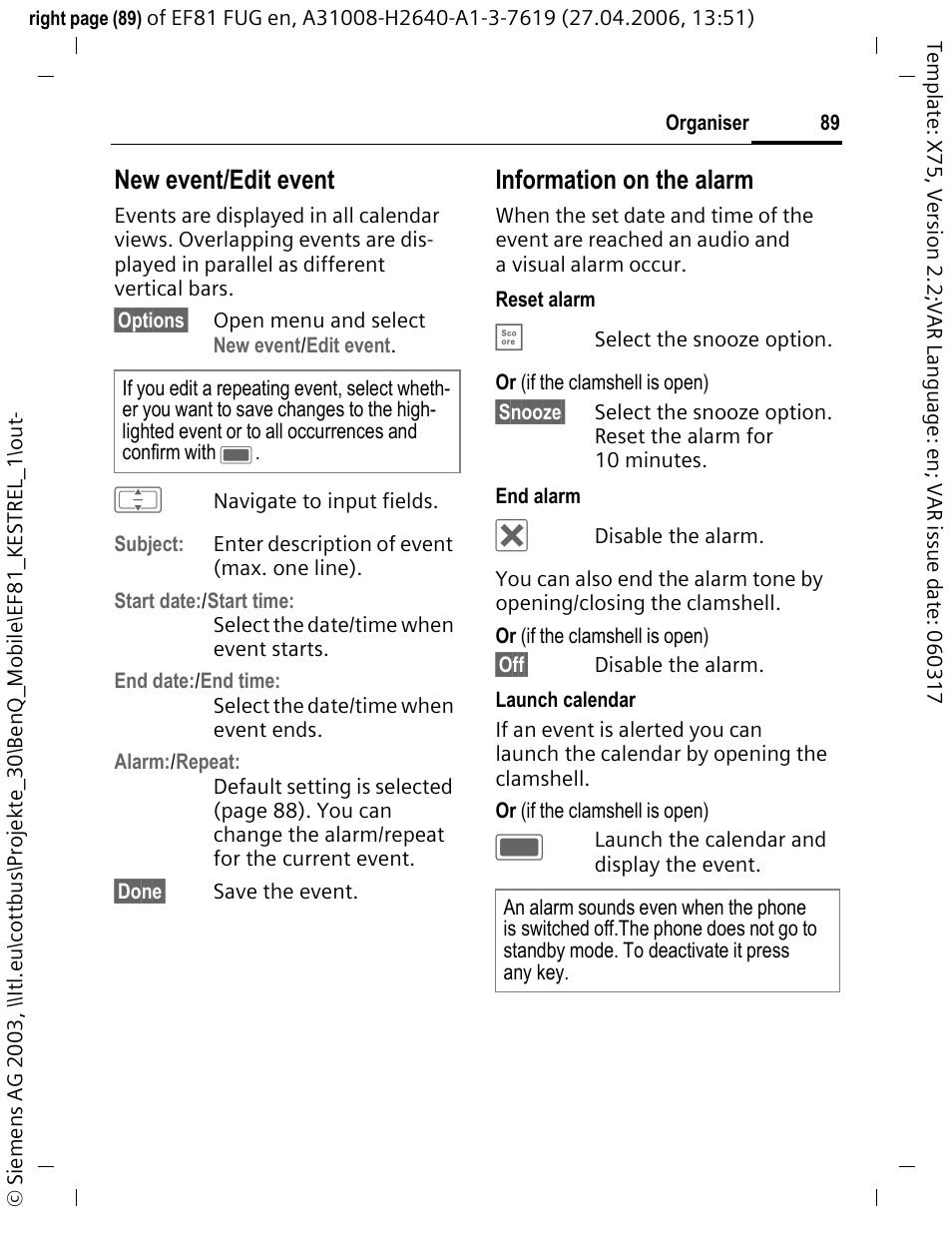 New event/edit event, Information on the alarm | BenQ-Siemens M81 User Manual | Page 90 / 155