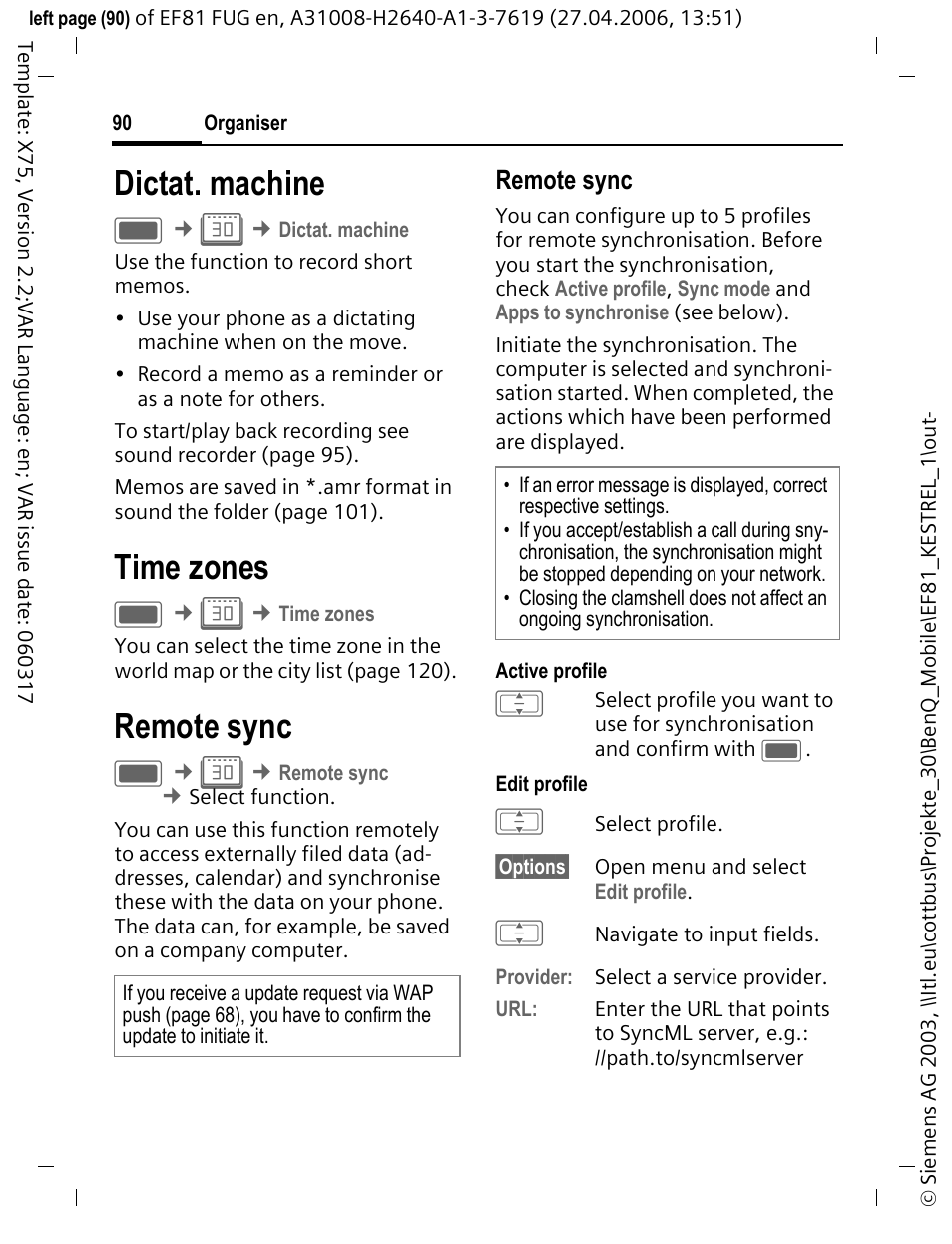 Dictat. machine, Time zones, Remote sync | Dictat. machine time zones | BenQ-Siemens M81 User Manual | Page 91 / 155