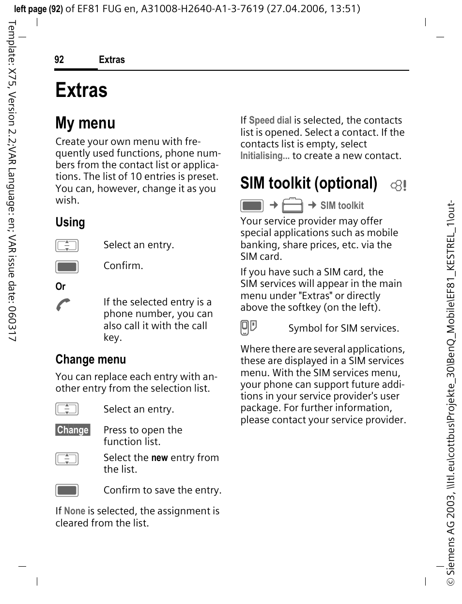 Extras, My menu, Sim toolkit (optional) b | Sim toolkit (optional) | BenQ-Siemens M81 User Manual | Page 93 / 155