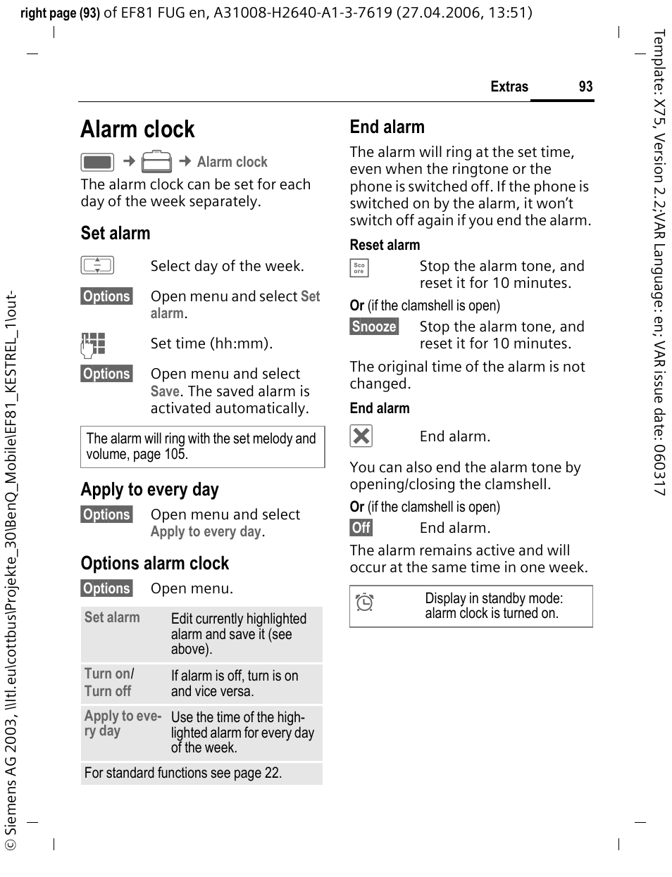 Alarm clock, Set alarm, Apply to every day | Options alarm clock, End alarm | BenQ-Siemens M81 User Manual | Page 94 / 155