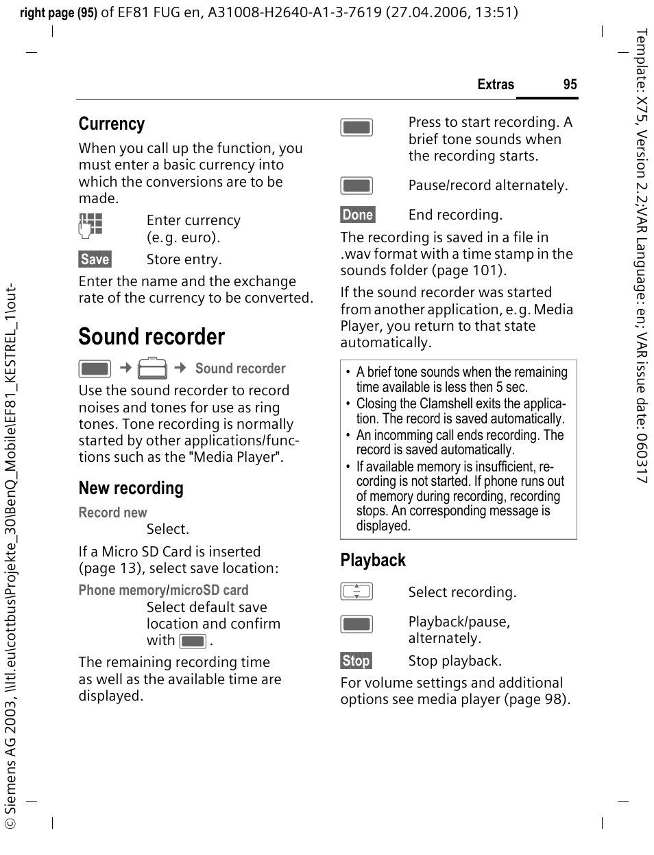 Sound recorder, Currency, New recording | Playback | BenQ-Siemens M81 User Manual | Page 96 / 155