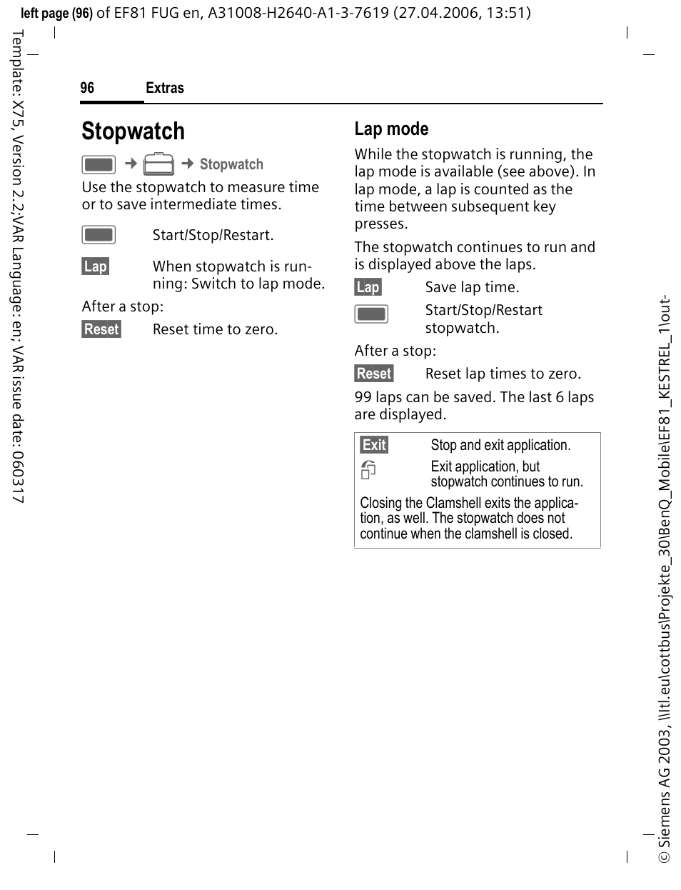 Stopwatch, Lap mode | BenQ-Siemens M81 User Manual | Page 97 / 155