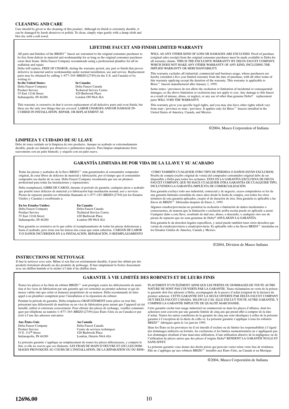 Cleaning and care, Lifetime faucet and finish limited warranty, Limpieza y cuidado de su llave | Instructions de nettoyage | Factory Direct Hardware Brizo 6716813 Trevi User Manual | Page 10 / 10