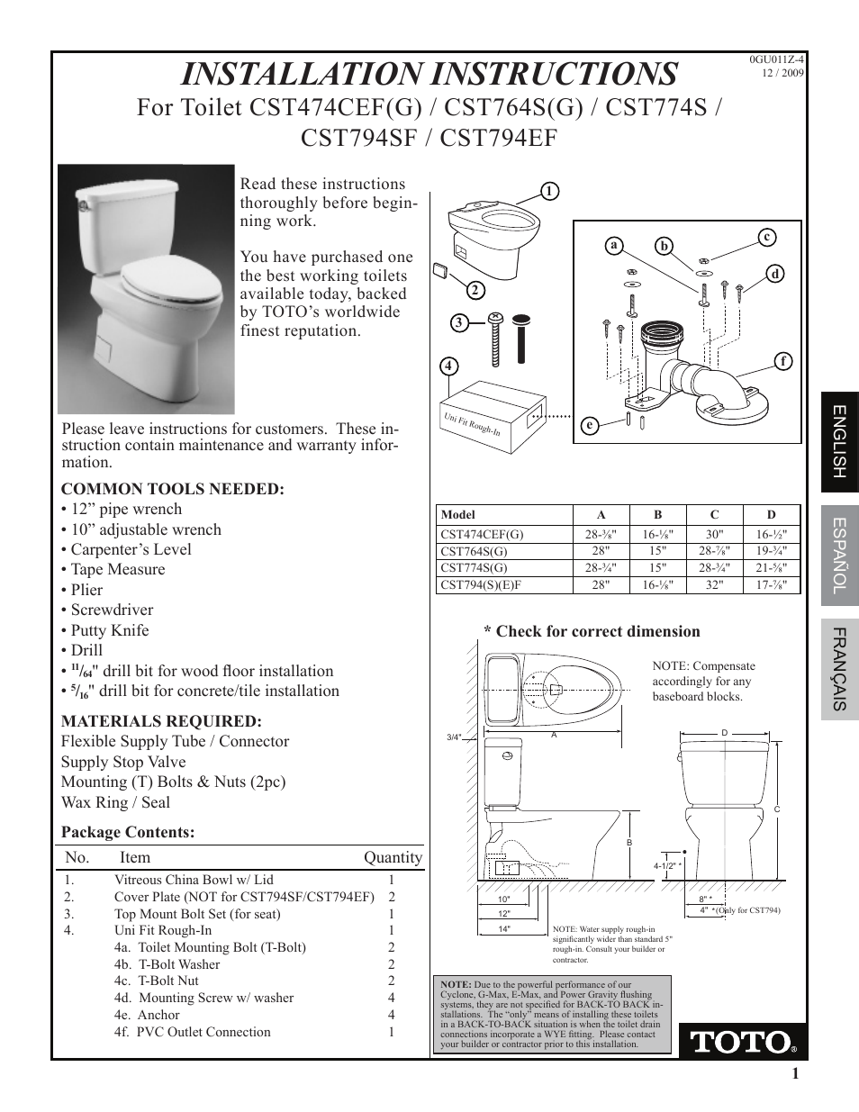 Factory Direct Hardware Toto CST474CEFG Vespin User Manual | 12 pages