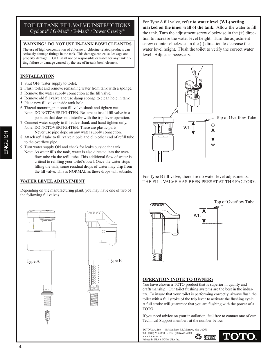 4english toilet tank fill valve instructions | Factory Direct Hardware Toto CST474CEFG Vespin User Manual | Page 4 / 12