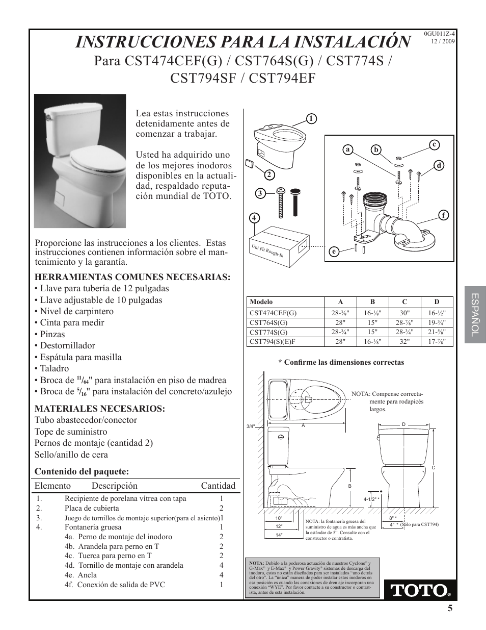 Instrucciones para la instalación, 5esp añol, Para instalación en piso de madrea • broca de | Factory Direct Hardware Toto CST474CEFG Vespin User Manual | Page 5 / 12