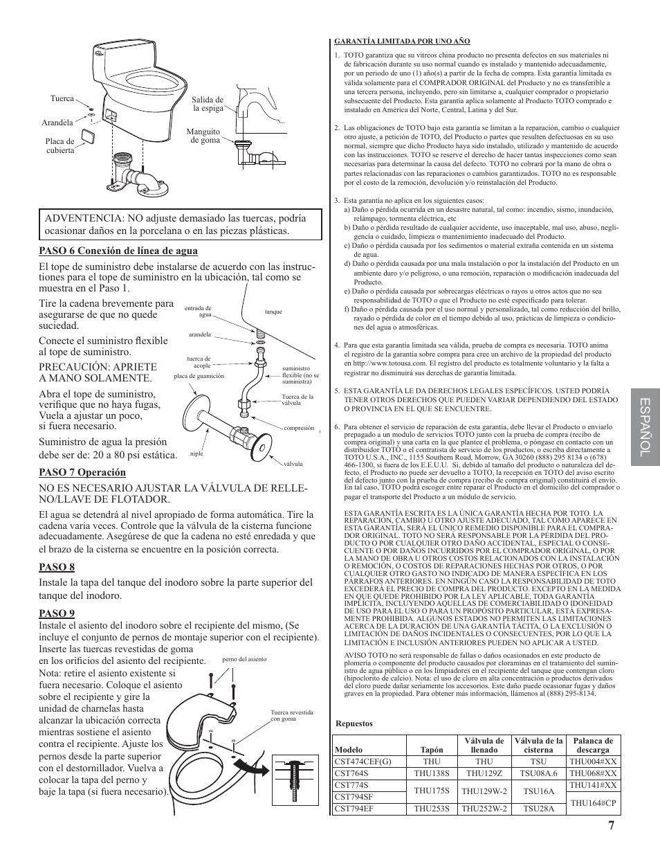 Esp añol 7 | Factory Direct Hardware Toto CST474CEFG Vespin User Manual | Page 7 / 12