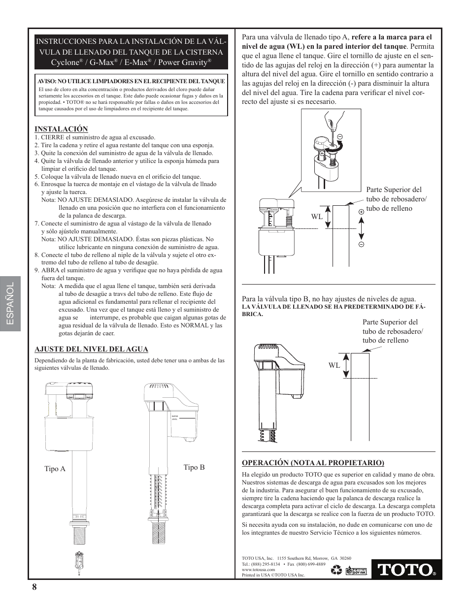 8esp añol, Cyclone, G-max | E-max, Power gravity | Factory Direct Hardware Toto CST474CEFG Vespin User Manual | Page 8 / 12