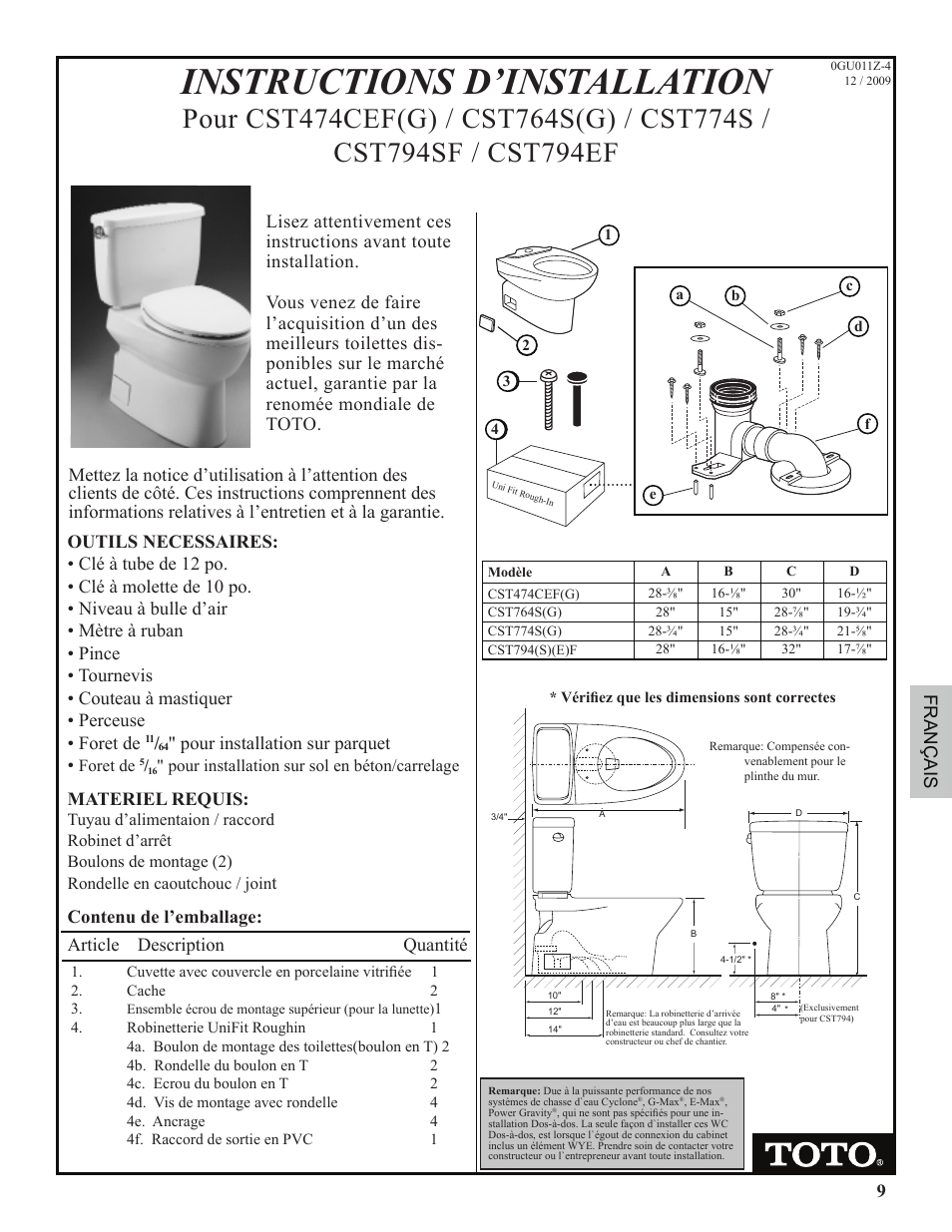 Instructions d’installation, 9français, Pour installation sur parquet | Materiel requis | Factory Direct Hardware Toto CST474CEFG Vespin User Manual | Page 9 / 12