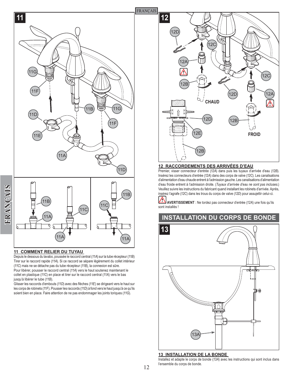 Fran ç ais, Installation du corps de bonde | Pfister F-049-LT0K User Manual | Page 12 / 14