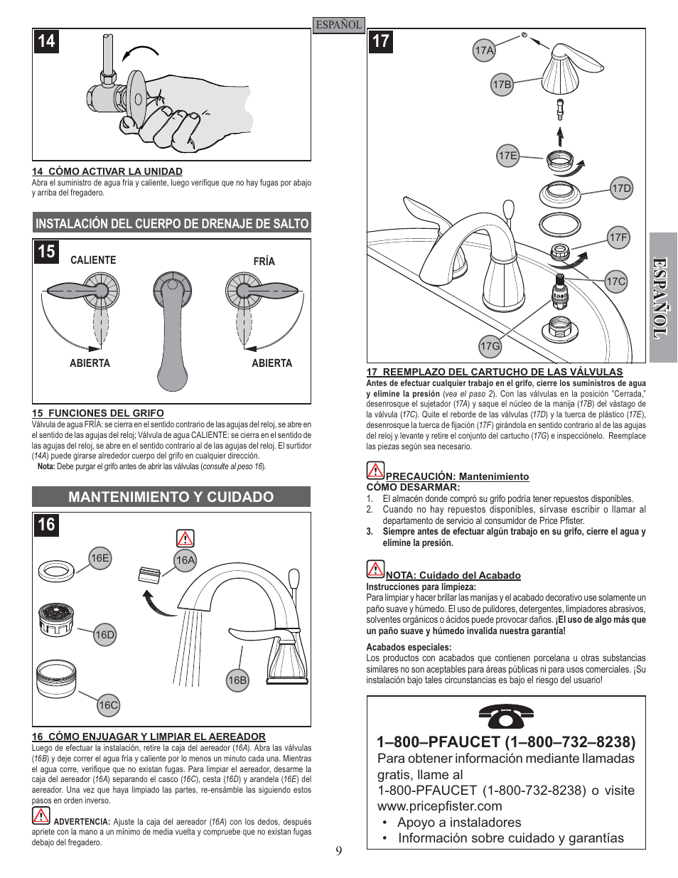Esp a ñ ol, Mantenimiento y cuidado | Pfister F-049-LT0K User Manual | Page 9 / 14