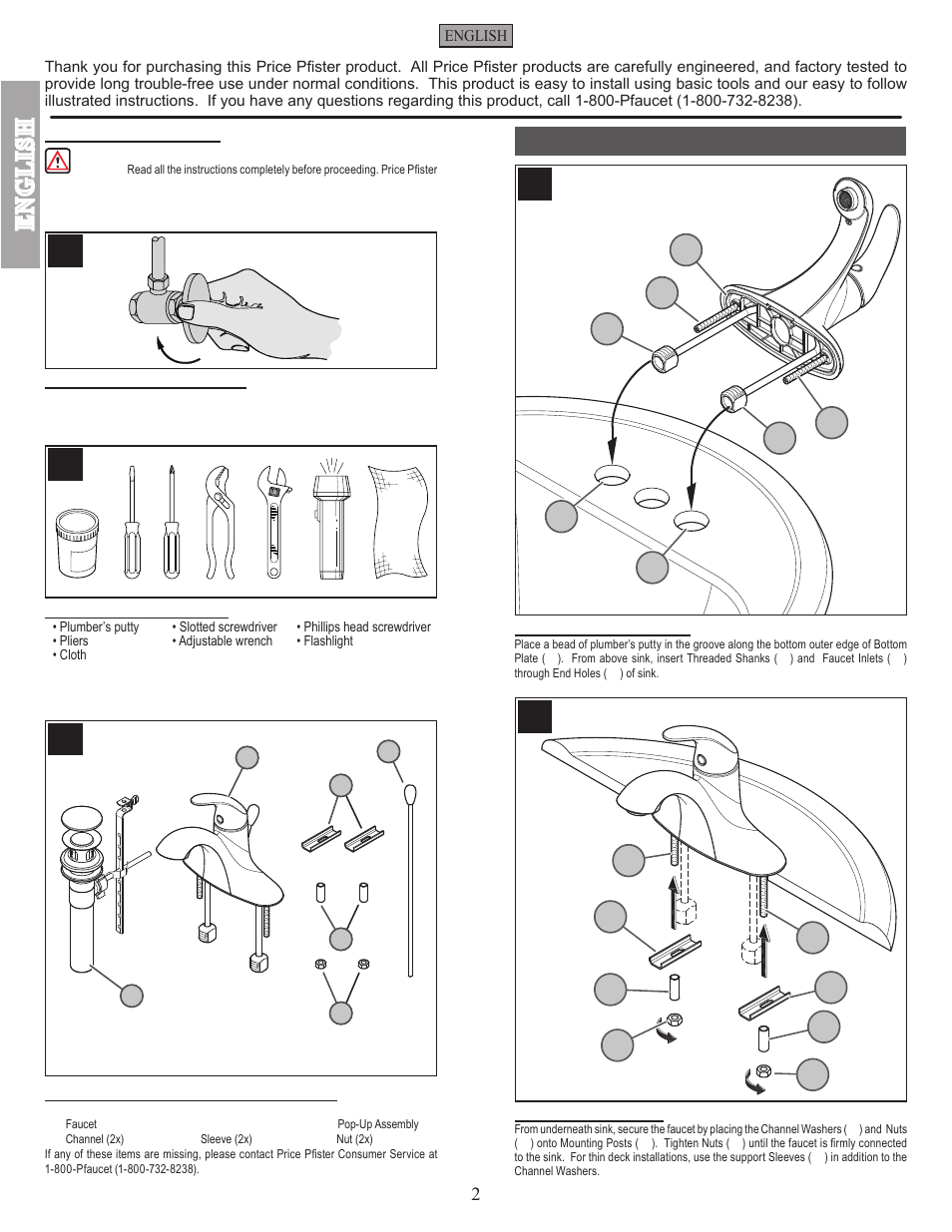 En g l is h, Faucet installation | Pfister GT42-SR0K User Manual | Page 2 / 12