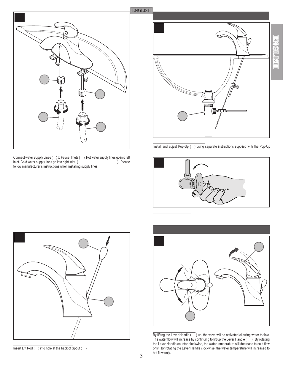 En g l is h, Drain body installation faucet function | Pfister GT42-SR0K User Manual | Page 3 / 12