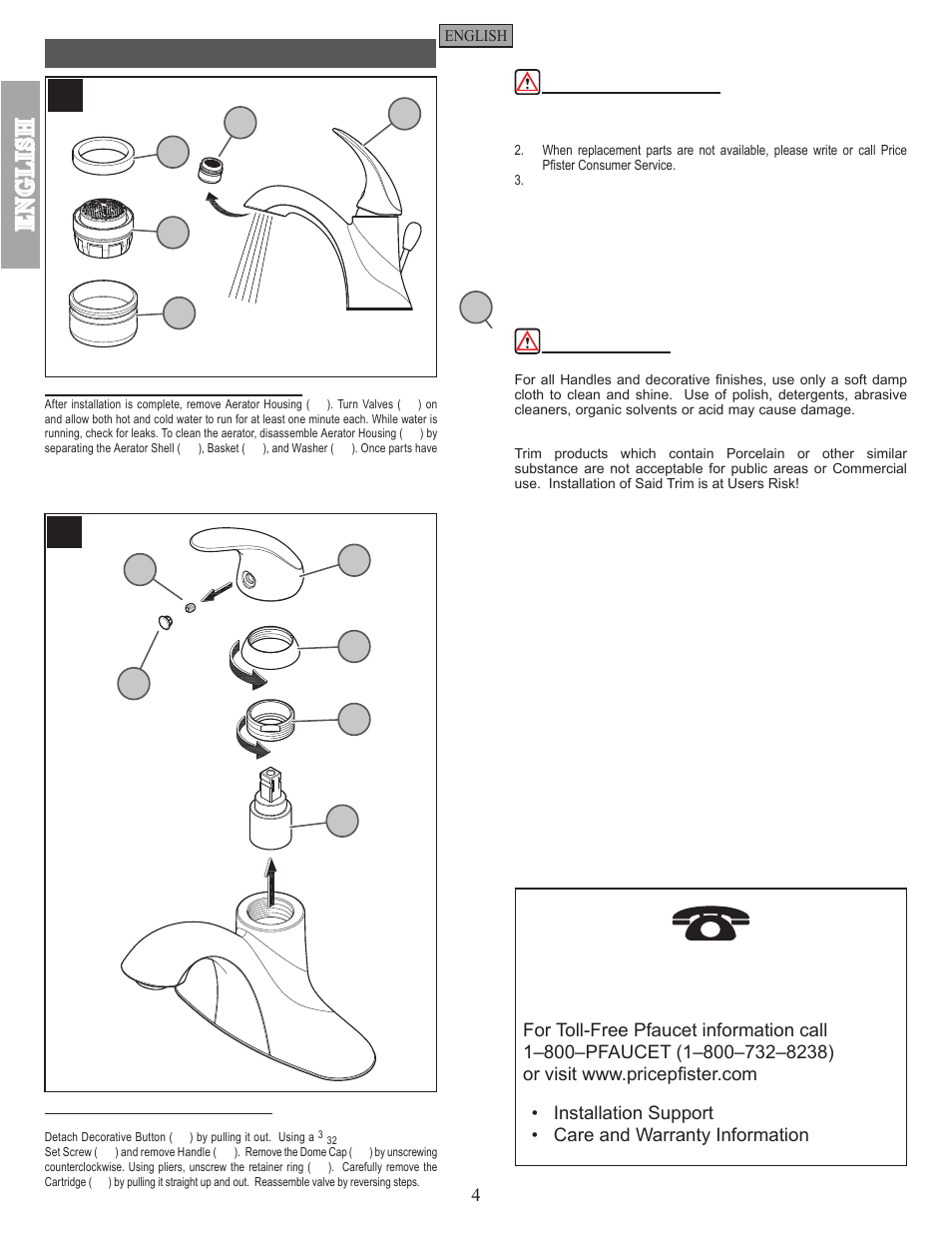 En g l is h, Maintenance & care | Pfister GT42-SR0K User Manual | Page 4 / 12