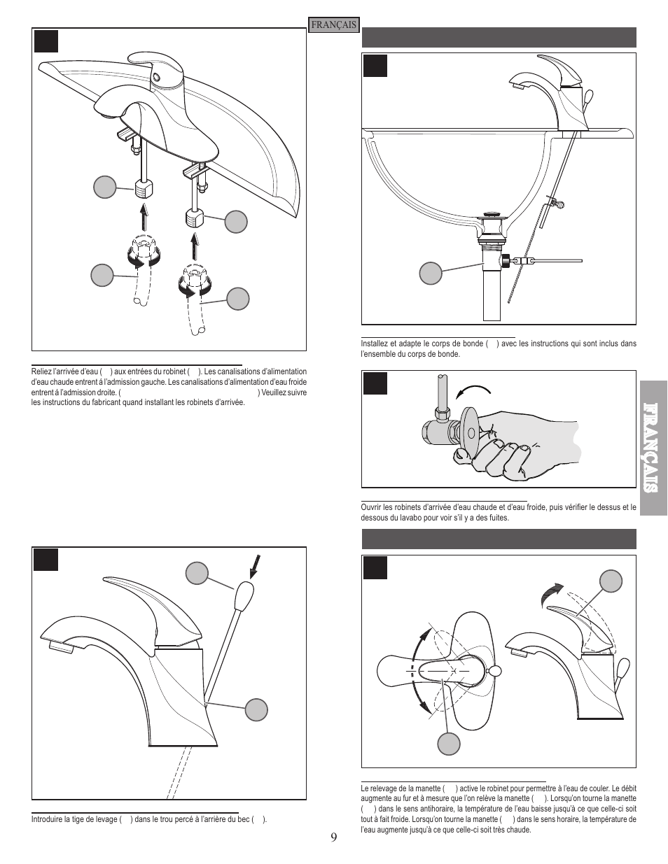 Installation du corps de bonde, Fonctionnement des robinets | Pfister GT42-SR0K User Manual | Page 9 / 12