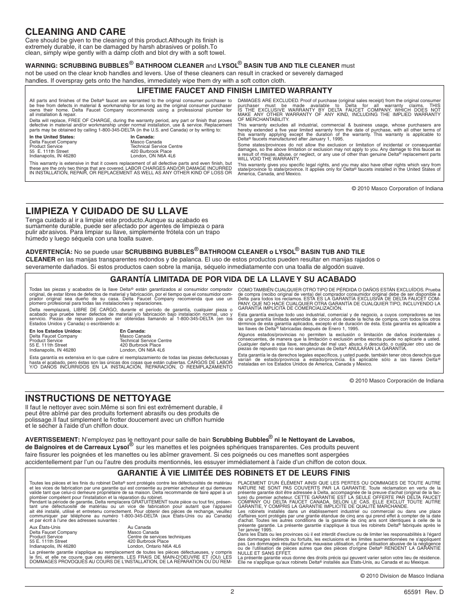 Cleaning and care, Instructions de nettoyage, Limpieza y cuidado de su llave | Lifetime faucet and finish limited warranty | Factory Direct Hardware Delta B2512LF User Manual | Page 2 / 8