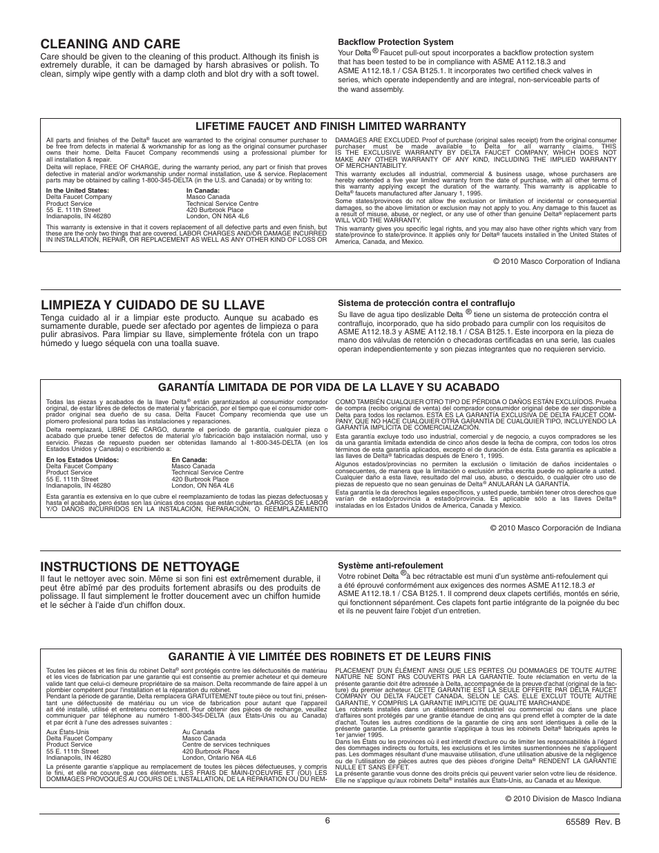 Cleaning and care, Instructions de nettoyage, Limpieza y cuidado de su llave | Lifetime faucet and finish limited warranty | Factory Direct Hardware Delta B4310LF Foundations Core User Manual | Page 6 / 6