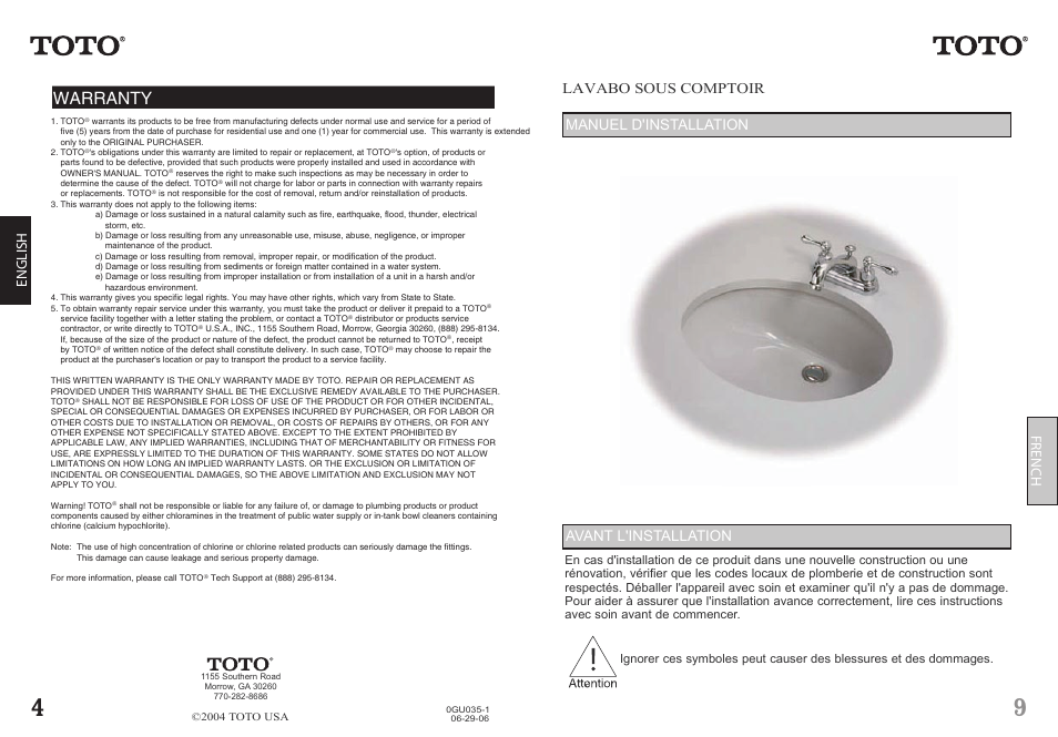 Warranty, French english | Factory Direct Hardware Toto LT963 User Manual | Page 4 / 6