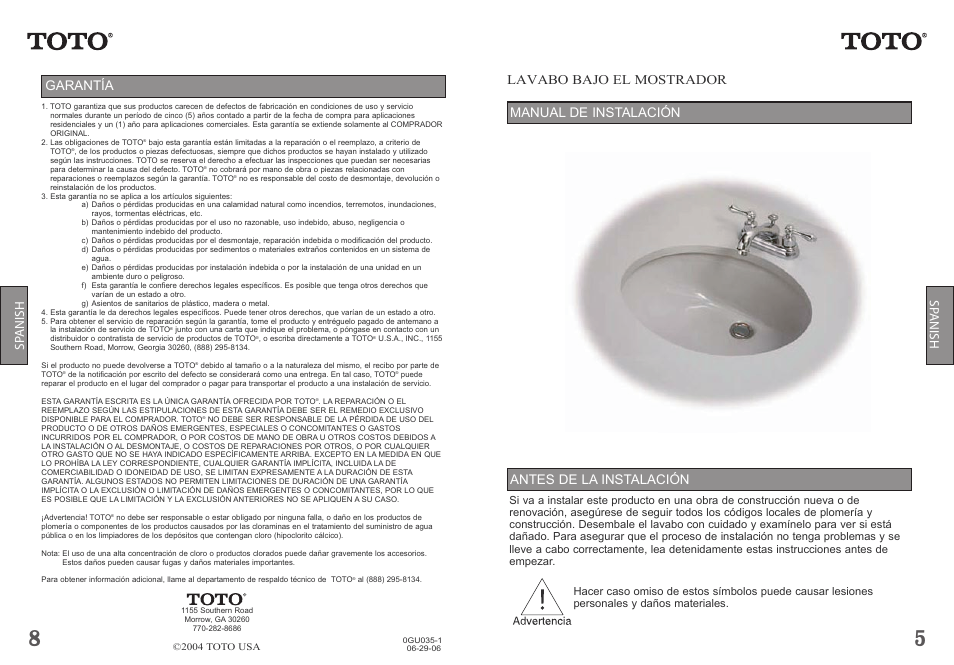 Garantía, Sp anish sp anish | Factory Direct Hardware Toto LT963 User Manual | Page 5 / 6