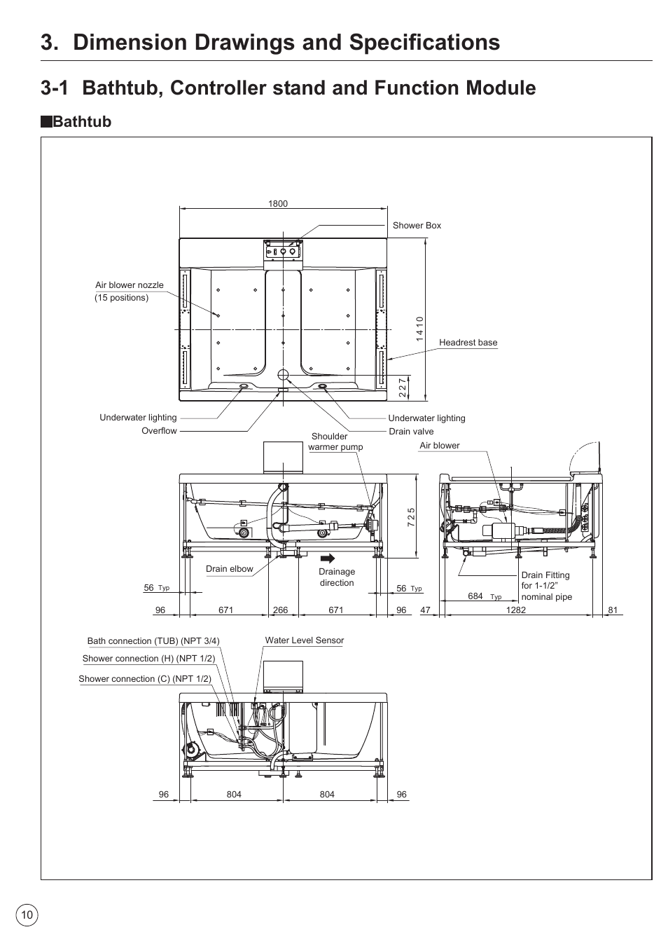 Dimension drawings and specifications, 1 bathtub, controller stand and function module, Bathtub | Factory Direct Hardware Toto ABA990X#01FCP User Manual | Page 10 / 40