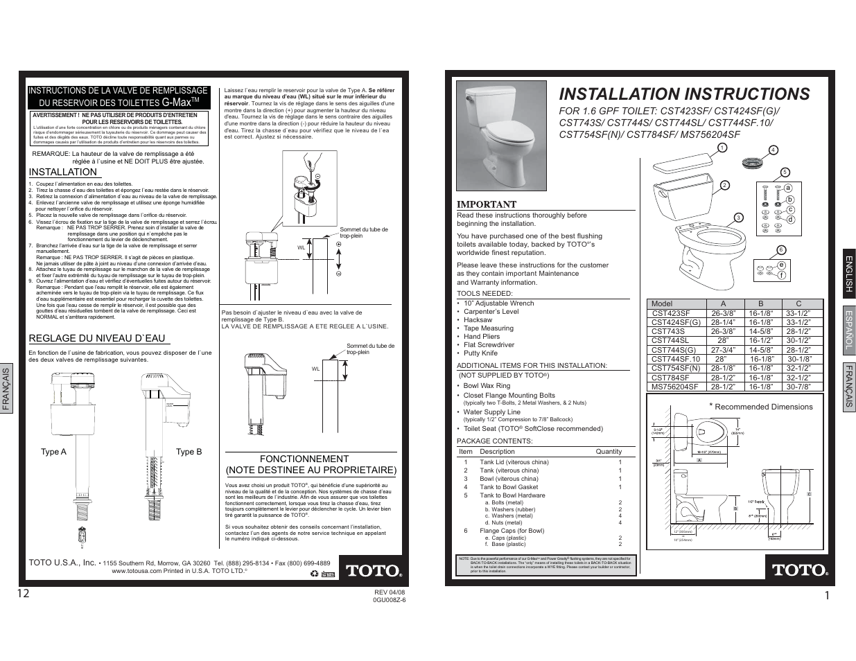 Factory Direct Hardware Toto CST424SFG#01 Promenade User Manual | 6 pages