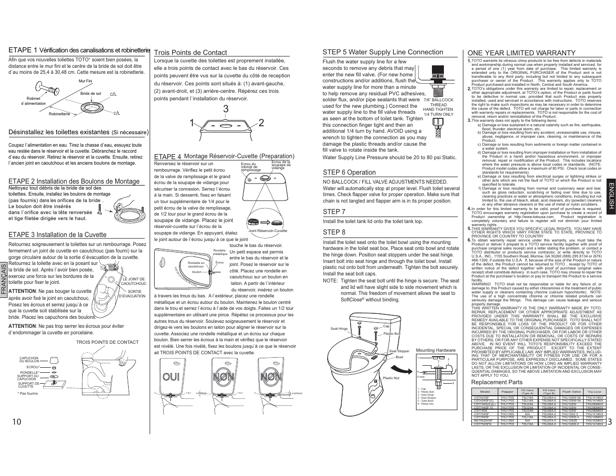 Non oui, Désinstallez les toilettes existantes, Etape 2 installation des boulons de montage | Etape 3 installation de la cuvette, Etape 4, Trois points de contact, Step 6 operation, Step 7, Step 8, Step 5 water supply line connection | Factory Direct Hardware Toto CST424SFG#01 Promenade User Manual | Page 3 / 6