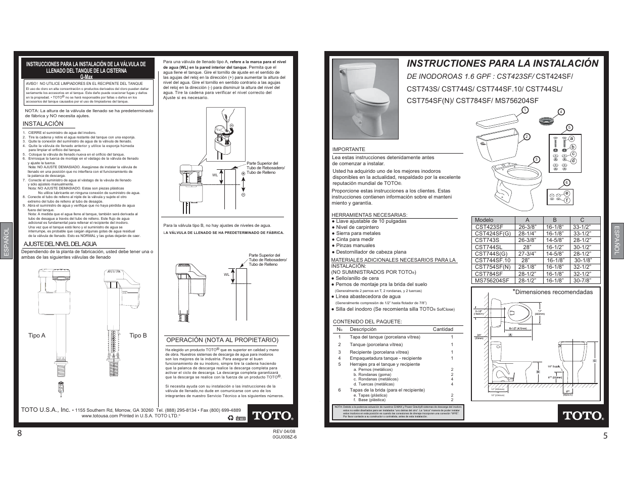 85 instructiones para la instalación | Factory Direct Hardware Toto CST424SFG#01 Promenade User Manual | Page 5 / 6