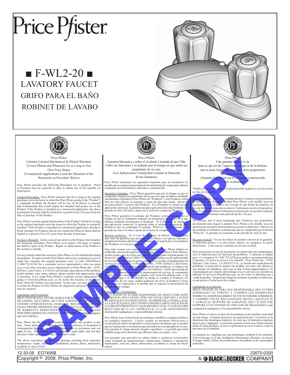 Pfister F-WL2-20NC User Manual | 6 pages