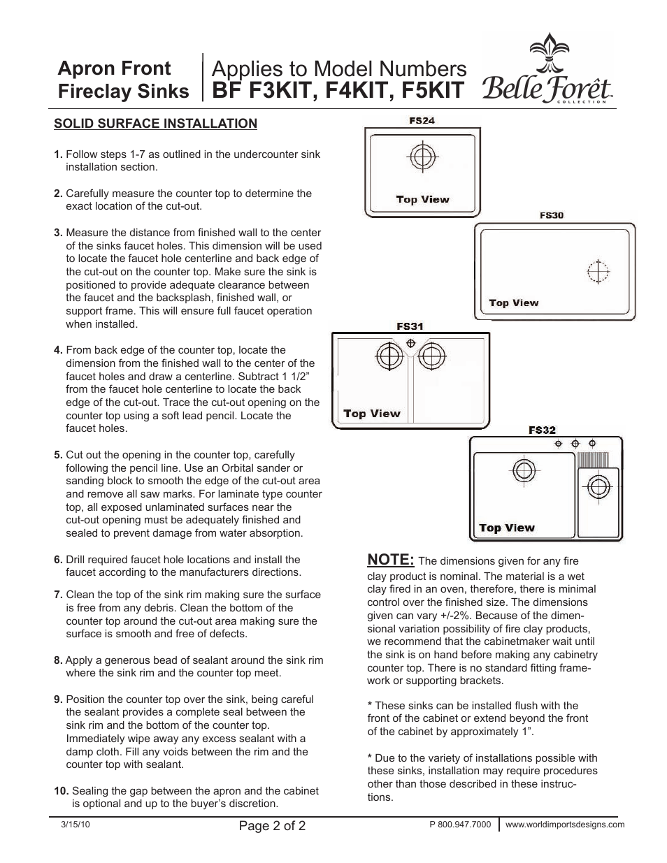Bf f3kit, f4kit, f5kit, Applies to model numbers, Apron front fireclay sinks | Factory Direct Hardware Belle Foret F4KIT 29 User Manual | Page 2 / 2