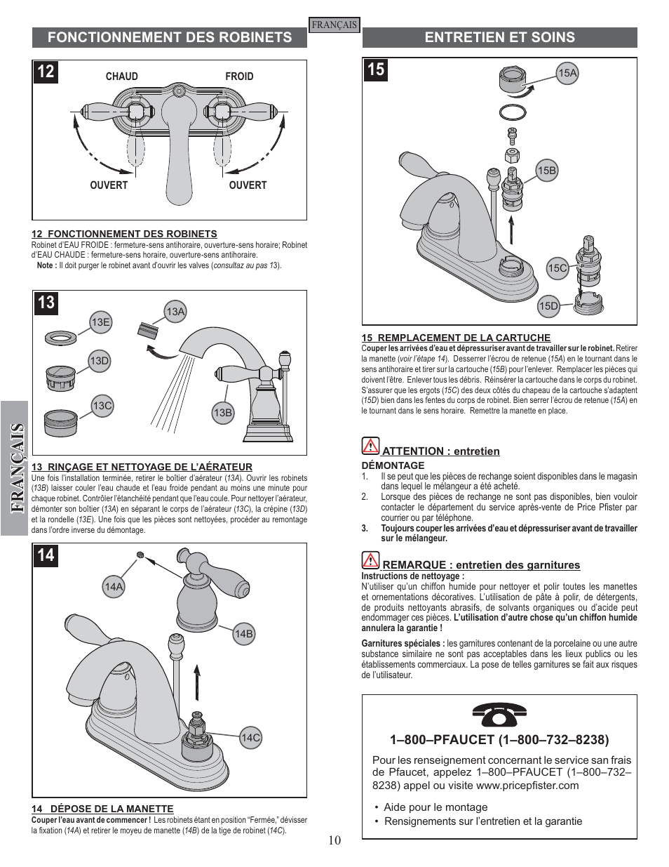 Fran ç ais, Fonctionnement des robinets entretien et soins | Pfister F-048-UNKK User Manual | Page 10 / 12