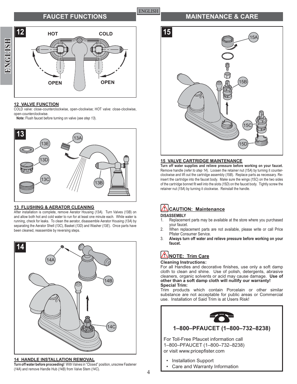 English, Faucet functions maintenance & care | Pfister F-048-UNKK User Manual | Page 4 / 12